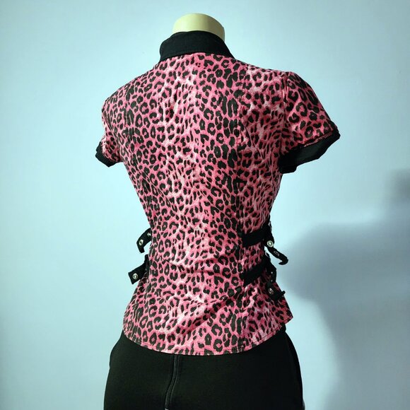 Late 90s / Y2K Lip Service Pink Leopard Print Button Up With Buckles Military S - Picture 3 of 6